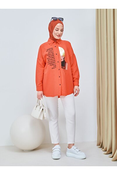SAHRA BUTİK Orange Embroidery and Stone Printed Tunic - Sahra Butik