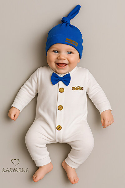 BABYDEN'S طقم بذلة وقبعة للأطفال الرضع من Little Boss بأزرار وربطة عنق وأكمام بأصفاد، بذلة أطفال قطنية 100%