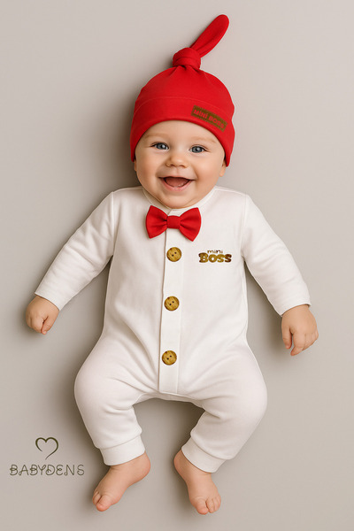 BABYDEN'S Little Boss Baby Boy Buttoned Jumpsuit and Beanie Set – Bow Tie, Cuffed Legs, 100% Cotton Baby Jumpsuit