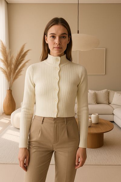 Noi Belis Basic Crop Soft Textured Stand Collar Knitwear Cardigan Aw25Hi0004