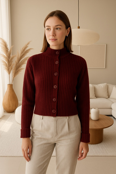 Noi Belis Basic Crop Soft Textured Stand Collar Knitwear Cardigan Aw25Hi0004