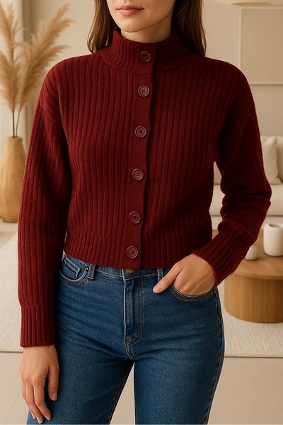 Noi Belis Basic Crop Soft Textured Stand Collar Knitwear Cardigan Aw25Hi0004