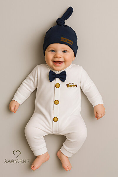 BABYDEN'S طقم بذلة وقبعة للأطفال الرضع من Little Boss بأزرار وربطة عنق وأكمام بأصفاد، بذلة أطفال قطنية 100%