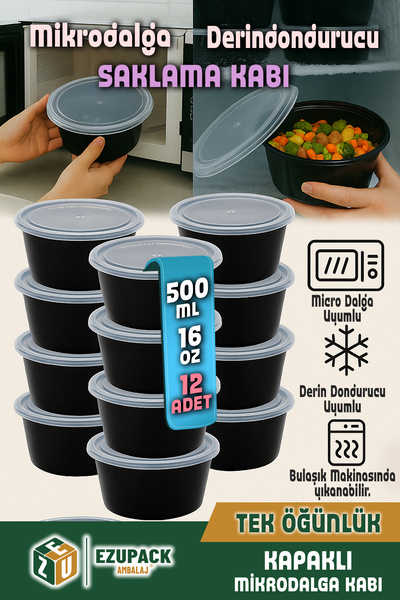 Ezupack 12'li Yuvarlak Mikrodalga ve Difrize Uygun Saklama Kabı Seti Buzluk P...