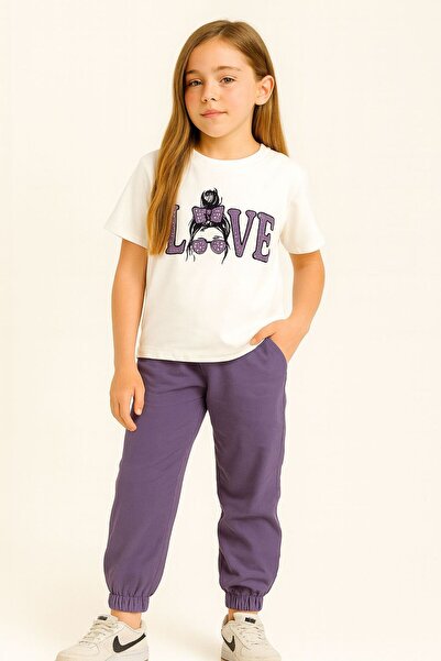 ESİLA KİDS Girl's Tracksuit Set Combed Cotton Short Sleeve Printed Top and Elastic Leg Bottom with Pockets 10-13 Years