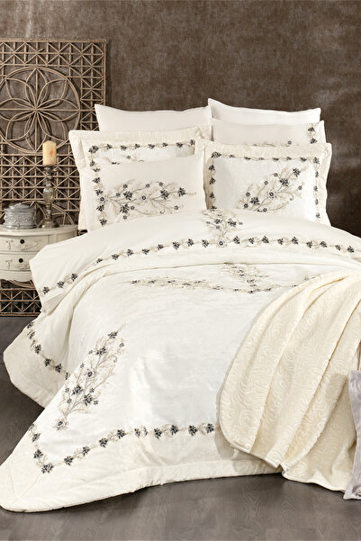 NAKIŞHAN Victoria Double Dowry Bed Sleeping Set Package-Cream+Green 10 Pieces