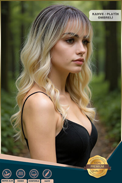 KONAK PERUK Dalgalı Kısa Perçemli Fiber Sentetik Peruk - Kahve / Platin Ombreli