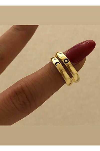 Pigna Aksesuar Ay ve Güneş Gümüş Kaplama Çelik Çift Alyans / Söz nişan yüzüğü...