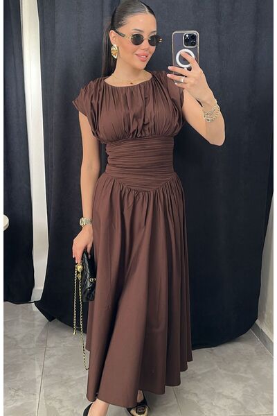 şems fashion poplin fabric guiped belt square collar dress long dress dress