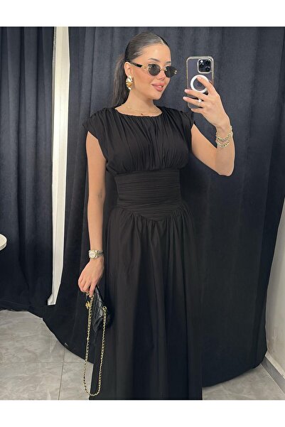 şems fashion φόρεμα από ύφασμα ποπλίνα με λουράκι με τετράγωνο λαιμόκοψη μαύρο μακρύ φόρεμα