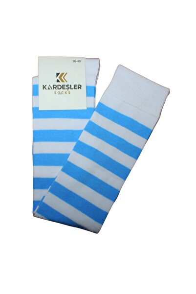 KARDEŞLER ÇORAP Blue Striped White Knee High Cotton Socks