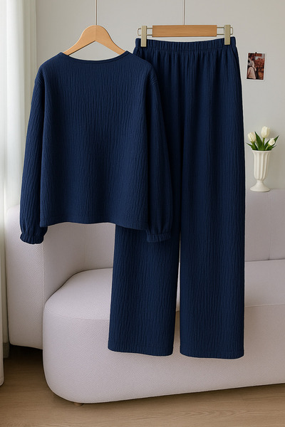 poswicon Navy Blue Lace-Up Front Long Sleeve Shirt and Pants Bottom Top Suit