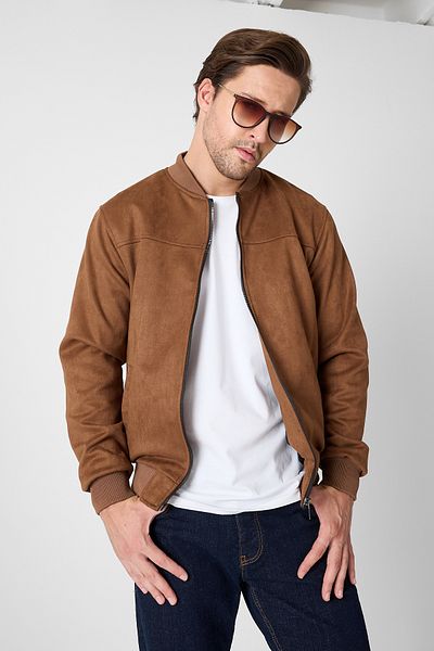 GEİO Men's Regular Fit Zippered Lined Nubuck College Jacket/Moon