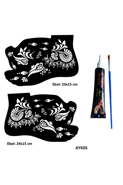 Airbrush Tattoo Sümbül Desenleri 2 Adet Ayak Kalıbı ve Siyah Hint Kınası Geçi...
