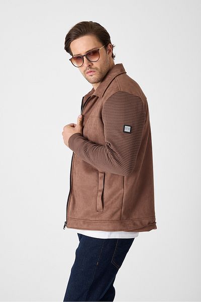 GEİO Men's Regular Fit Collar Zippered Lined Sleeve Knitted Nubuck Jacket/Coat