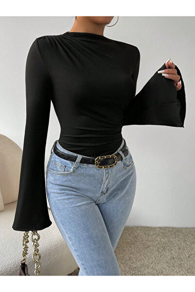 peelter Bluză spaniolă neagră pentru femei, cu mâneci cu șnur la talie și la gât