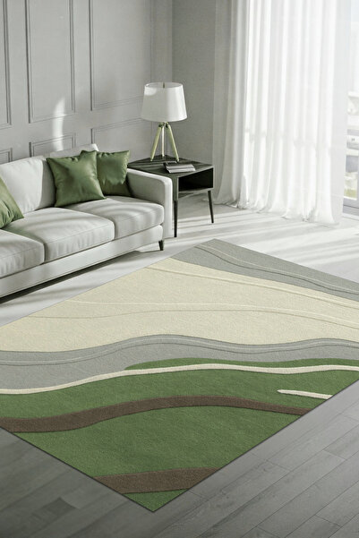The Reef Design Dalga Desenli Modern Yeşil Halı Dijital Baskılı Dokuma Kaymaz Tabanlı Yıkanabilir Salon Halısı