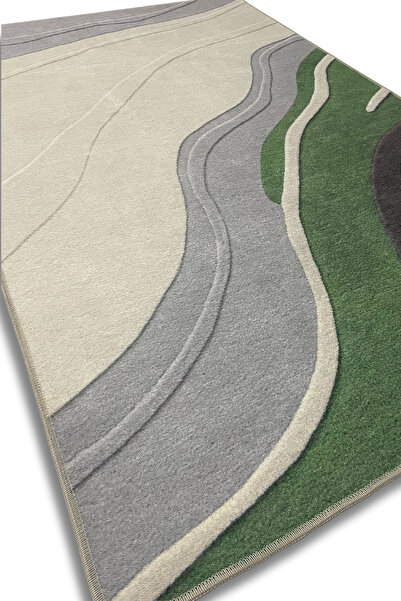 The Reef Design Dalga Desenli Modern Yeşil Halı Dijital Baskılı Dokuma Kaymaz Tabanlı Yıkanabilir Salon Halısı