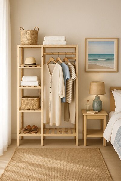 pinoxi Masif Ahşap Açık Dolap Konfeksiyon Askısı Kapaksız Gardırop Elbise Askısı 30x100x160 Cm