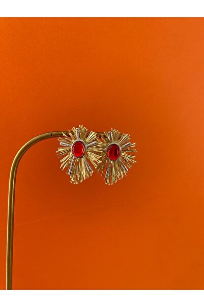 marsel aksesuar Special Series Fringed Red Stone Gold Brass Earrings