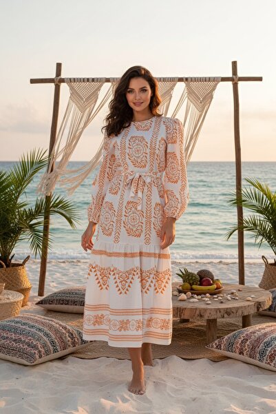 PASTELASTORE Turuncu İnce Yaprak Dalı Desenli Yazlık Baharlık Keten Elbise 2102