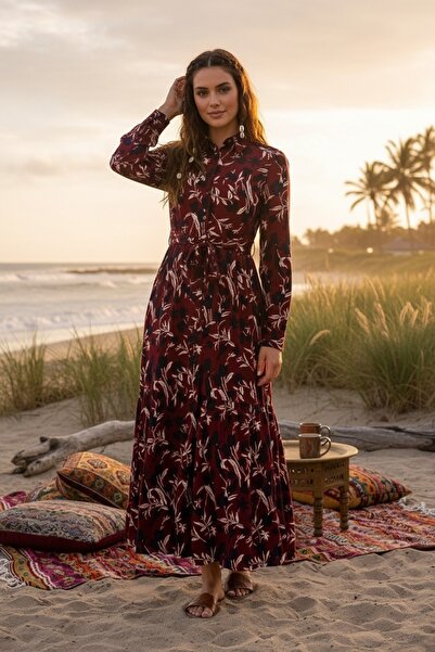 PASTELASTORE Red Top Navy Blue Floral Summer Buttoned Women's Long (140cm) Dress 1106