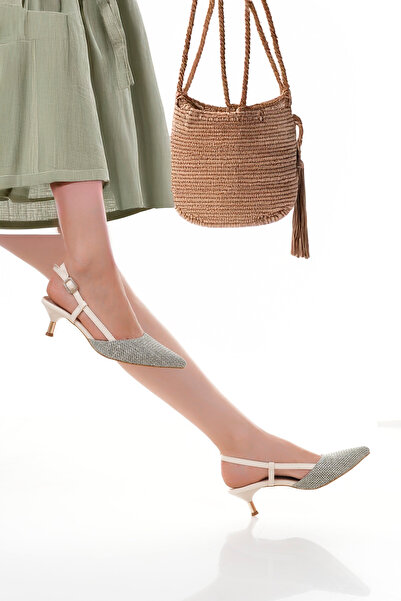 Women Lay-z Kadın Krem Metalik Pastel Zarif Vitange Dokulu Hasır Örgü Kumaş Gold Topuklu Şık ayakkabı