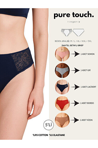 pure touch lingerie Kadın Dantel Detaylı Pamuklu 5'li Paket Külot / Somon - Gri - Lacivert - Bordo - Vizon