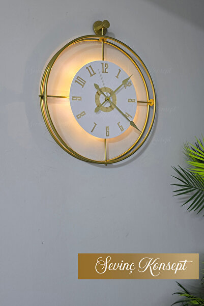 SEVİNÇ KONSEPT LED'li GOLD La Clock 24 Kristal (Büyük Boy 50 x 60 Cm) Modern Dekoratif Metal Duvar Saati