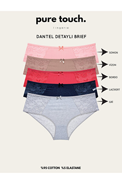 pure touch lingerie Kadın Dantel Detaylı Pamuklu 5'li Paket Külot / Somon - Gri - Lacivert - Bordo - Vizon