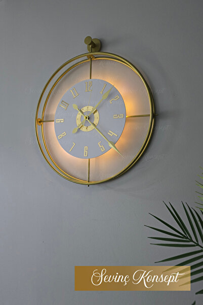 SEVİNÇ KONSEPT LED'li GOLD La Clock 24 Kristal (Büyük Boy 50 x 60 Cm) Modern Dekoratif Metal Duvar Saati