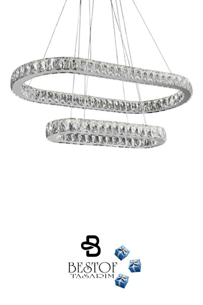 bestof tasarım Oval 2 Katlı Modern Sarkıt Kristal Taşlı Led Kumandalı 3 Renk Avize