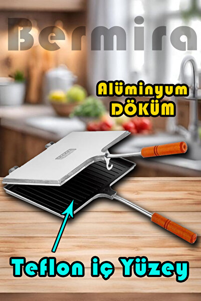 BERMİRA Home Collection Alüminyum Döküm İçi Teflon Ocak Üstü El Tost Makinesi 24 cm X 18 cm