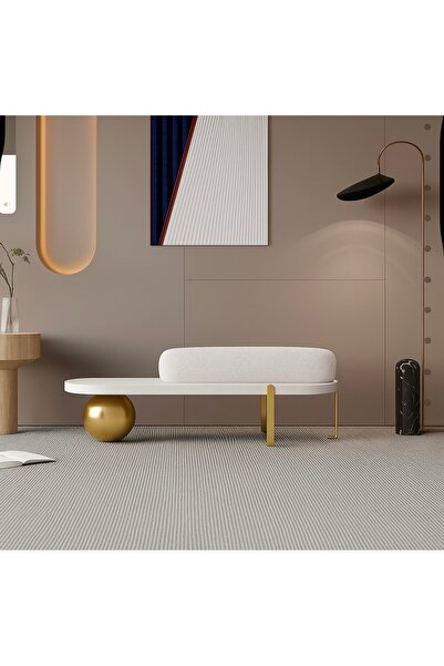 KURLUMOBİLYA Beyaz Gold Bench Puf 120 Cm Uzunluk 40 Cm Derinlik Teddy Kumaş