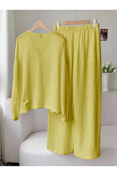 poswicon Butter Yellow Lace-Up Front Long-Sleeved Shirt and Pants Bottoming Suit