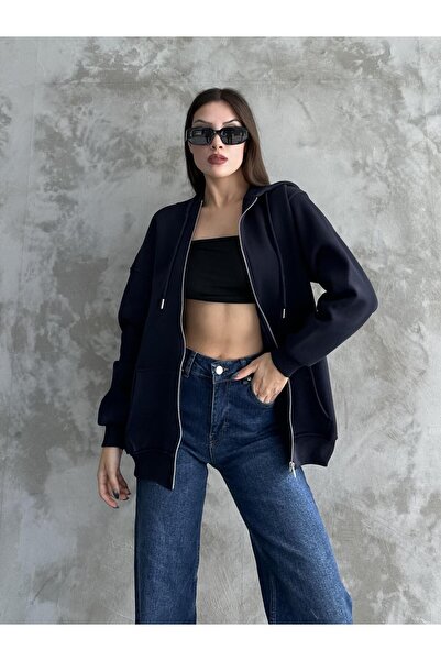 FERZOLAİO Zippered Hooded Oversized Navy Blue Cardigan