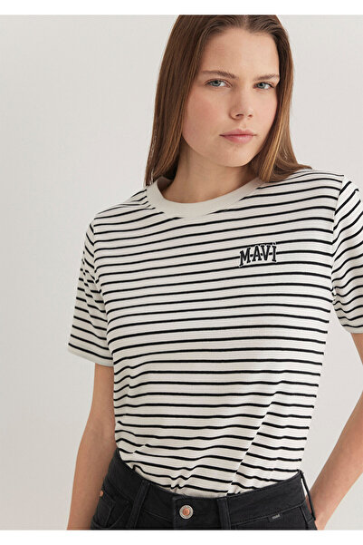 Mavi Τυπωμένο λογότυπο μαύρο ριγέ μπλουζάκι με κανονική εφαρμογή / κανονική εφαρμογή1612224-85143