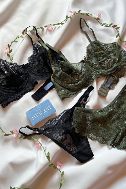 MAİZEN Kadın Dolgusuz Toparlayıcı 2'li Yeşil Siyah Dantelli Sütyen Takım