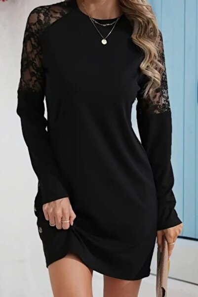 Mossta Μίνι φόρεμα με μακρυμάνικο δαντέλα και λεπτομέρεια με κουμπιά - Μαύρο