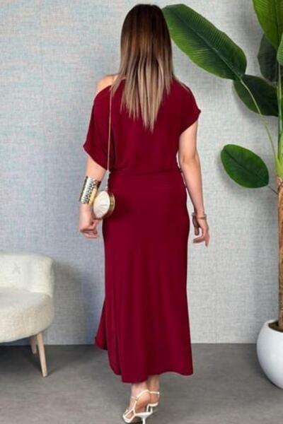 Mossta Off-The-Shoulder Buckle Detailed Sandy Dress - Claret Red