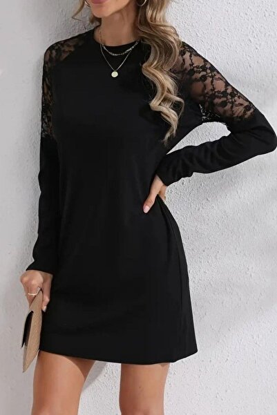 Mossta Μίνι φόρεμα με μακρυμάνικο δαντέλα και λεπτομέρεια με κουμπιά - Μαύρο