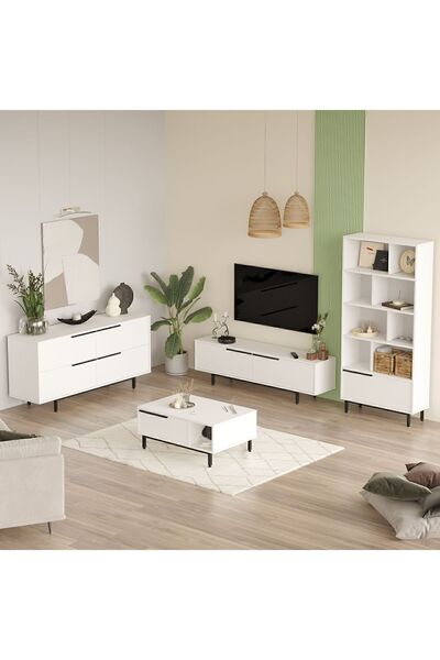 Yurupa Bohem Tv Ünitesi Orta Sehpa Konsol Kitaplık 4'lü Set Beyaz BOH21-W