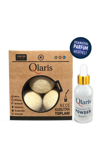 QLARIS Keçe Çamaşır Kurutma Topu Vegan POWDER Esansiyel Parfüm Hediyeli