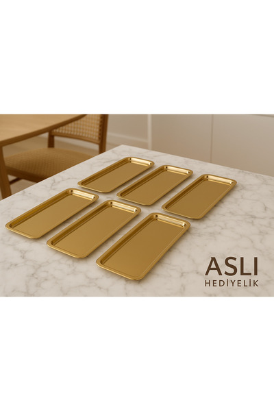 Aslı Hediyelik Luxury 6-Piece Gold Stainless Steel Color Baton Tea, Coffee Decorative Presentation, Serving Tray