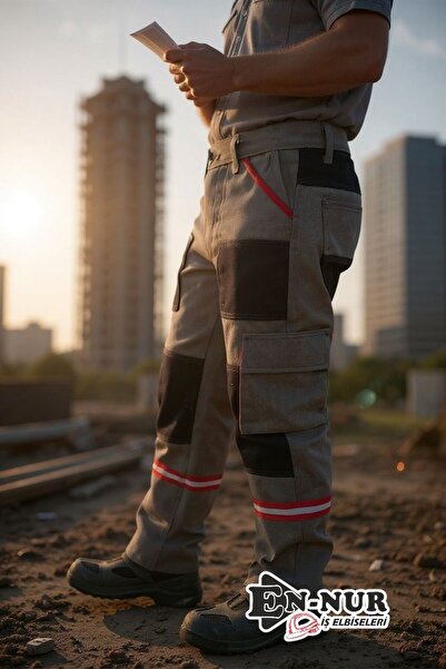 EN-NUR DİZ DETAYLI KIRMIZI KÖRÜK CEPLİ MÜHENDİS GRİ İŞ PANTOLONU