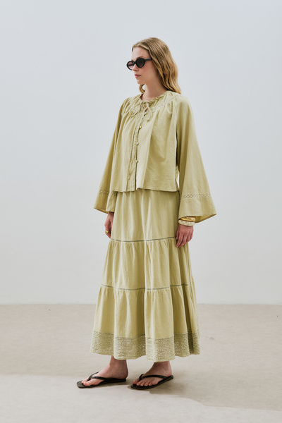 Manuka Textured Embroidered Fold Long Skirt Soft Green