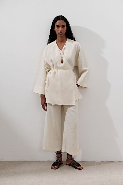 Manuka Linen Double Breasted Closure Kimono Vanilla