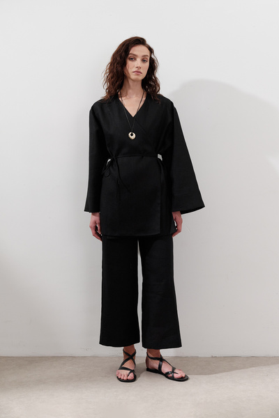 Manuka Linen Double Breasted Kimono Black