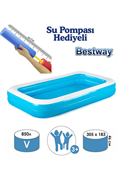BESTWAY Su Pompalı-54150 Jumbo Deluxe Dikdörtgen Şişme Aile Havuzu 305x183x46 cm