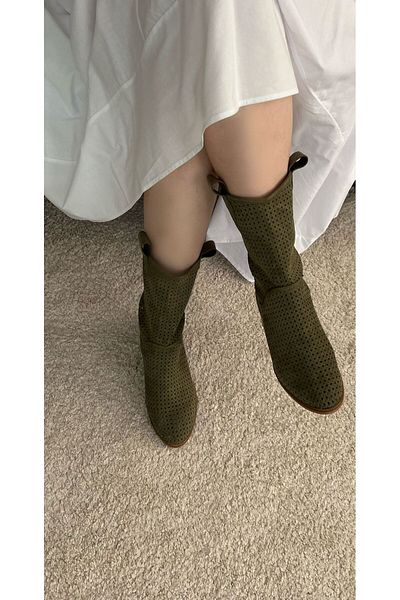 POTEEN Ptc Devine Women's Suede Short Heel Perforated Summer Boots-Beige